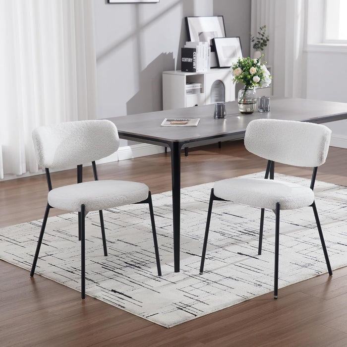 Boucle Dining Chairs Set of 6, Modern Mid-Century Upholstered Stylish Kitchen Chairs Sherpa Accent Diner Chairs with Metal Legs and Curved Back for Kitchen, Dining Room(White)