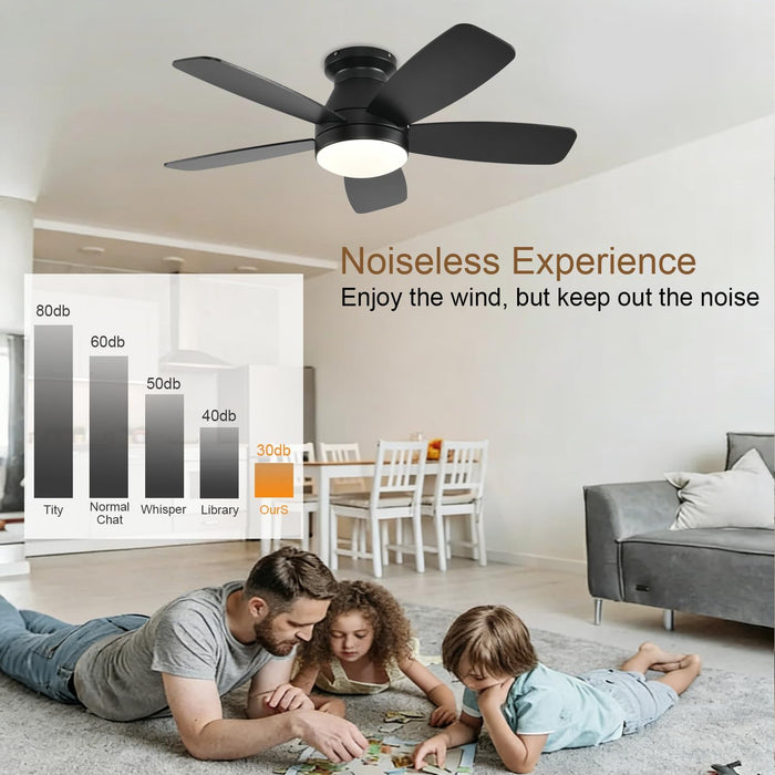 42Inch Ceiling Fans with Lights, Low Profile Ceiling Fan with Light and Remote Control, Flush Mount, Reversible DC Motor, Dimmable, Quiet, Black Small Ceiling Fan for Bedroom Indoor/Outdoor Use