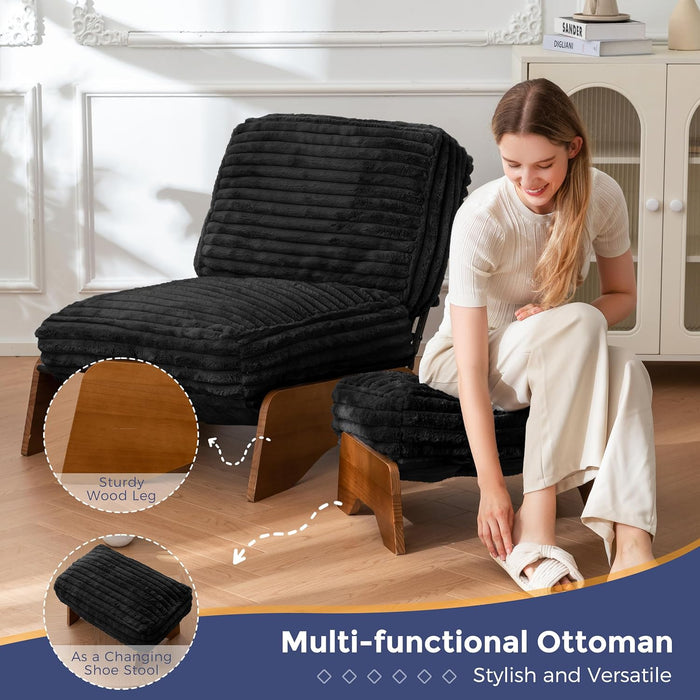 Modern Adjustable Accent Chair with Ottoman, Upholstered Living Room Chair with Footrest Set, Soft Reclining Lounge for Bedroom, Apartment, Office, Black