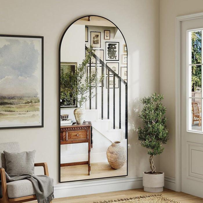 76"X35" Arched Full Length Mirror, Brushed Black Aluminum Frame Floor Mirror with Stand, HD Shatterproof Glass & Rust-Proof Body Mirror for Bedroom, Living Room, Bathroom, Entryway