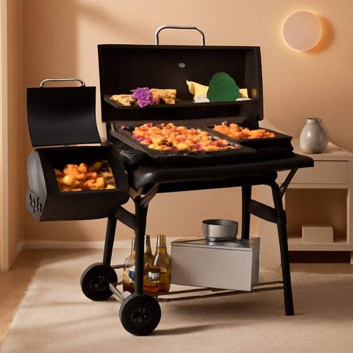 Barrel Charcoal Grill with Offset Smoker,550 Square Inches Cooking Area, Outdoor BBQ Grill with Front Shelf, Perfect for Backyard, Patio Parties and Picnics.