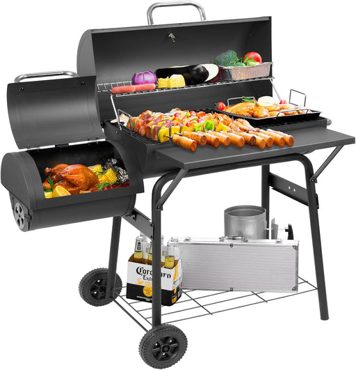 Barrel Charcoal Grill with Offset Smoker,550 Square Inches Cooking Area, Outdoor BBQ Grill with Front Shelf, Perfect for Backyard, Patio Parties and Picnics.