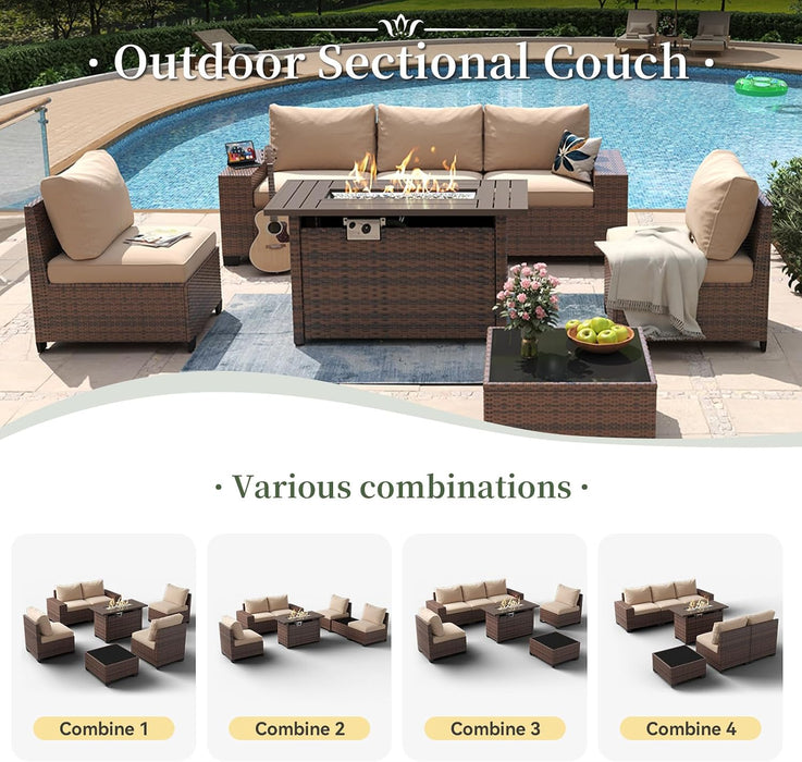7 Piece Patio Furniture Set with Wide Armrests & 44” Fire Pit Table Wicker Rattan Outdoor Sectional Sofa Set with Coffee Table and Thickened Cushions, Brown/Beige(Waterproof Cover Included)