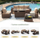 7 Piece Patio Furniture Set with Wide Armrests & 44” Fire Pit Table Wicker Rattan Outdoor Sectional Sofa Set with Coffee Table and Thickened Cushions, Brown/Beige(Waterproof Cover Included)
