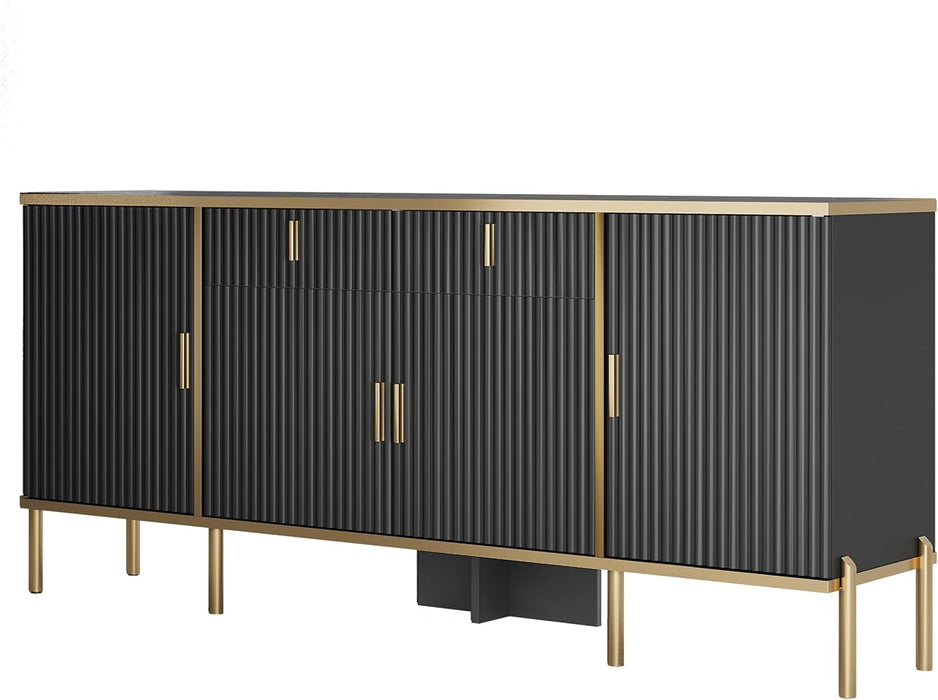 60" Fluted Buffet Cabinet with Storage, Modern Buffets & Sideboard with 2 Drawers, 4 Doors and Adjustable Shelves, Accent Cabinet for Kitchen, Living Room, Hallway, Black