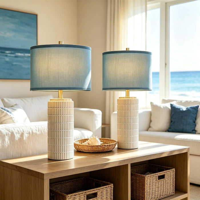 23" Set of 2 Nautical Ceramic Nightstand Table Lamps, Blue