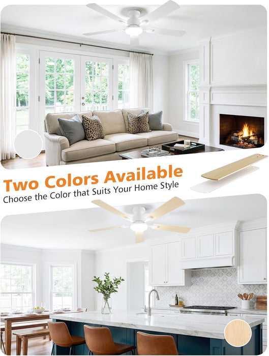 52 Inch Ceiling Fan with Lights Flush Mount, Low Profile Ceiling Fans with Lights, Remote&App Control,Dimmable 22W LED Light,Queit&Reversible Fan, White Ceilings Fans for Bedroom, Living Room