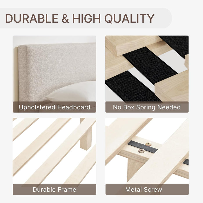 Upholstered Queen Size Bed Frame, Boucle Fabric Platform Bed Mattress Foundation Noise-Free No Box Spring Needed Easy Assembly