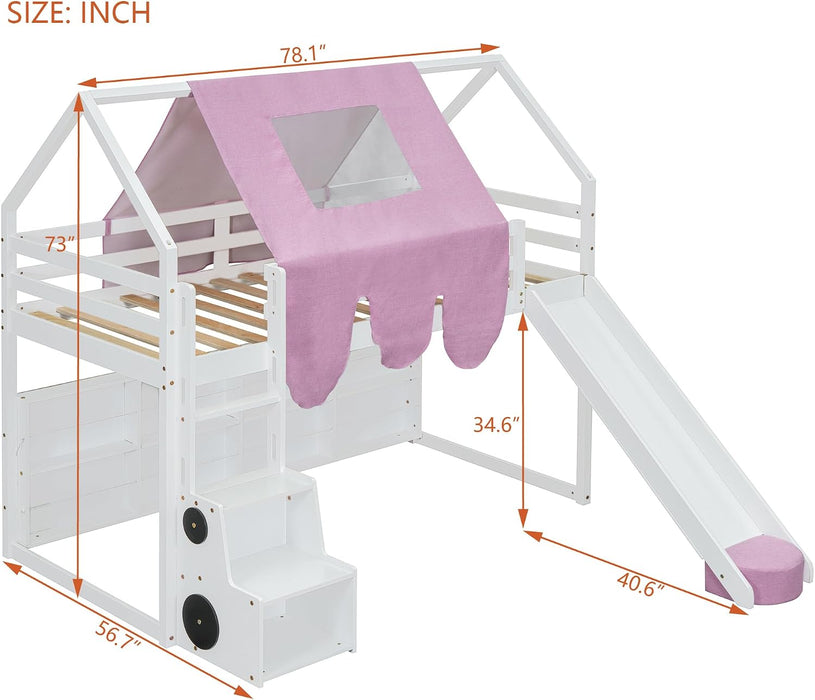 Twin Size Loft Bed With Slide PlayhouseCastleFortress