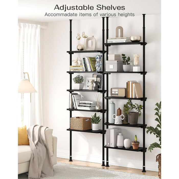 5 Tiers Narrow Bookshelf, Tall Adjustable Ladder Book Shelf with Open Storage, Floor to Ceiling Tension Mount, Wooden Industrial Bookcase for Living Room, 92 to 116 Inch, Black