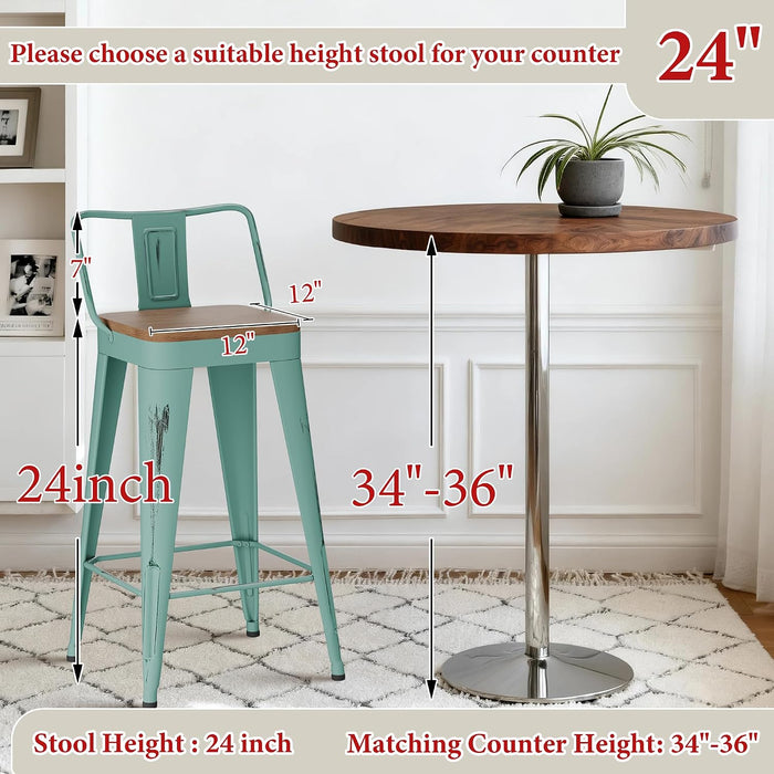 Bar Stools Set of 4, 24" Distressed Barstools, Green Blue | Metal Modern Industrial Counter Height Stools, Distressed, Wooden Seat, Footrest, Counter Height, Set of 4, 350 Lb