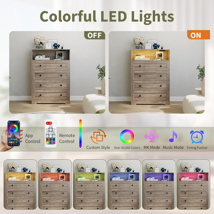 Tall Dressers with 4 Drawer Storage and LED Lights, Gray Wood Chest of Drawers with Charging Station for Bedroom, Living Room, Closet, Hallway, Wooden Nightstand Dresser for Bedside