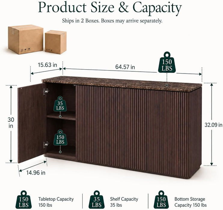 64" Fluted Sideboard Buffet Cabinet with Faux Marble Top, Dark Walnut | Wood Credenza with Storage Shelves, Modern Console Table for Coffee Bar, Dining Room, Kitchen, Living Room & Entryway