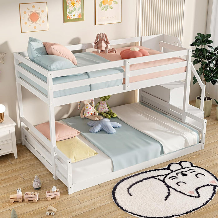 White SolidWood TwinOverFullBunkBed StairsGuardRails