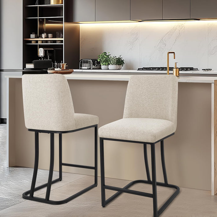Counter Height Bar Stools Set of 4, 24 Inch Seat Height Bar Chairs for Kitchen Island, Linen Fabric Upholstered Barstools with Metal Feet for Dining Room, Beige