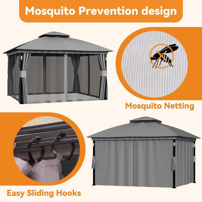 Patio Gazebo 11'X13' with LED Lights & Bluetooth Speaker, Heavy Duty Outdoor Canopy Shelter with Metal Frame, Double Roofs, Soft Top Gazebo with Netting and Curtains for Backyard, Gray