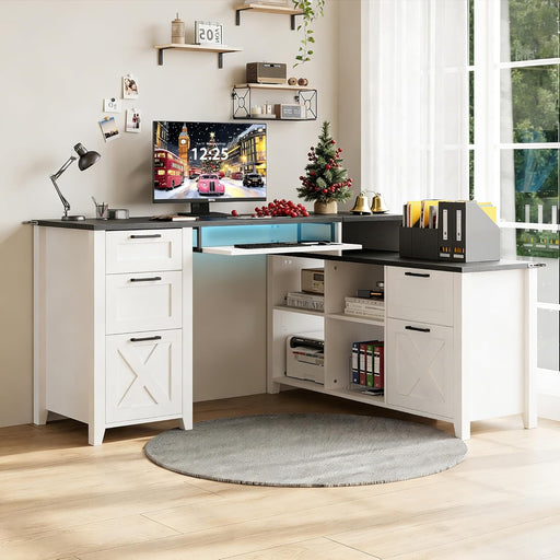 Farmhouse L Shaped Executive Desk with Drawers, 59''Home Office Corner Desks with Charging Station,File Cabinets,Storage Compartments Wood Computer Desk Writing Table W/Keyboard Tray,White