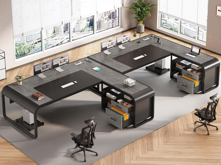 61 Inch Executive Desk, Large Office Desk with File Drawer, L Shaped Desk with Drawers, Computer Desk with Mobile CPU Stand, Storage Shelves, Power Outlets for Home Office, Gray