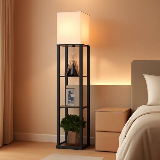 Floor Lamp with Shelves for Living Room, Shelf Floor Lamp with 3 CCT LED Bulb, Corner Display Standing Column Lamp Etagere Organizer Tower Nightstand with White Linen Shade for Bedroom, Office