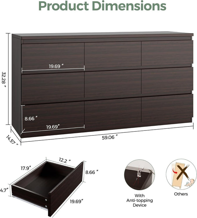 Modern 9 Drawer Dresser for Bedroom, Simply Chest of Drawers, Wood Storage Dresser with Deep Drawers for Living Room Hallway Entryway (Brown)