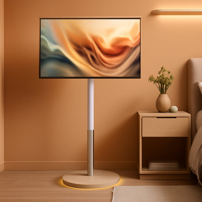 Floor Mobile TV Stand with Power Outlet, Rolling TV Cart for 27-65 Inch OLED LED Monitors, 6 Levels of Height Adjustment, Ambient Lighting on the Bottom Wheels Holds up to 88Lbs, 400X400Mm