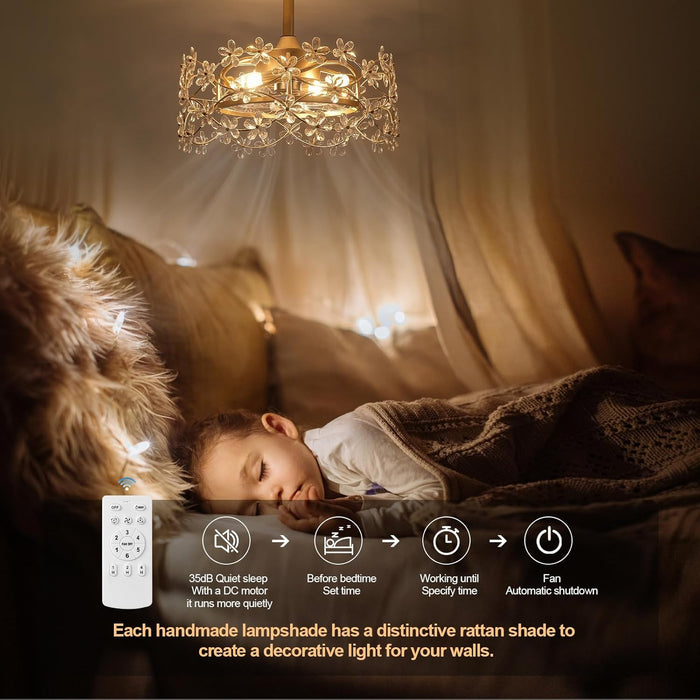 20" Gold Fandelier Ceiling Fan with Light, Flower Crystal Chandelier Ceiling Fan with Light and Remote Control, Modern Caged Enclosed 6 Speeds for Girl'S Bedroom, Nursery, Living Room