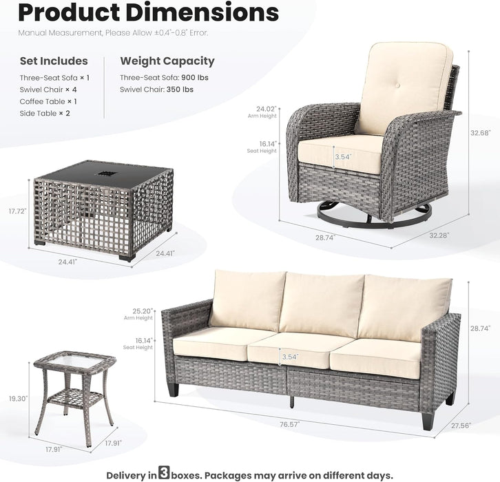 8 Pieces Patio Furniture Set, Outdoor Wicker Sofa Couch with Rocking Swivel Chairs Solar Lights Table, Modern Deep Seat Rattan Conversation Sets for Porch Deck, Beige