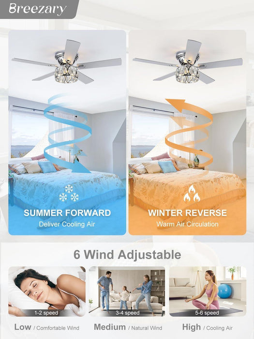 52 Inch Flush Mount Ceiling Fans with Lights Remote Control, 5 Reversible Blades Indoor Low Profile Crystal Lighting Chandelier Ceiling Fans for Bedroom Living Room (Chrome)