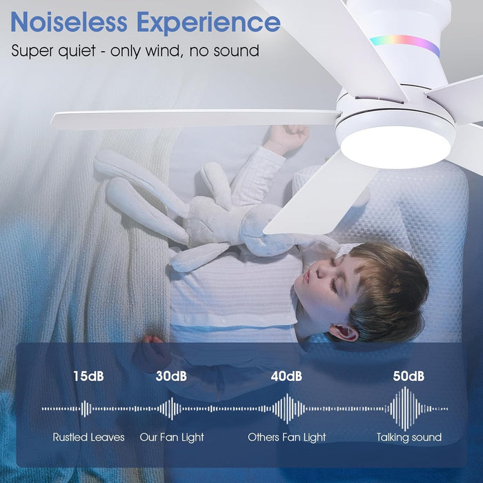 46" White Ceiling Fans with RGB Lights - Flush Mount Ceiling Fan Light with LED 3CCT Dimmable, Modern Low Profile Ceiling Fans for Indoor Party,Covered Outdoor