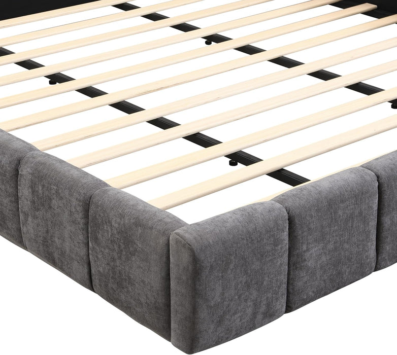 King Size Elegant Chenille Upholstered Platform Bed with Thick Headboard and Footboard, Block Style Upholstery Grounded Bed Frame, Gray