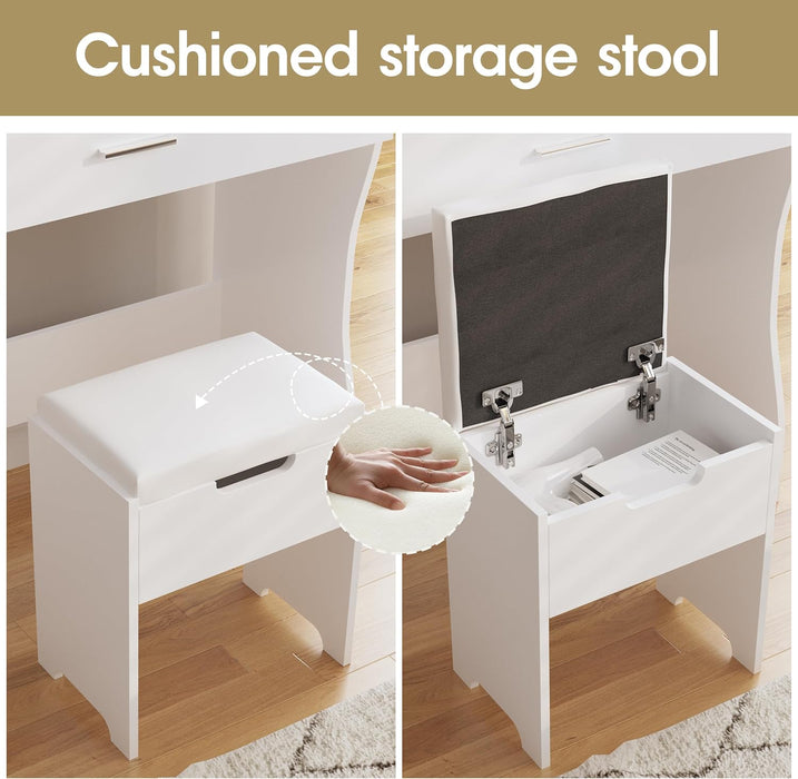 Vanity Desk with Mirror and Lights, Adjustable Brightness, White Vanity Table Set with Storage Drawer,Makeup Vanity Set with Cushioned Chair