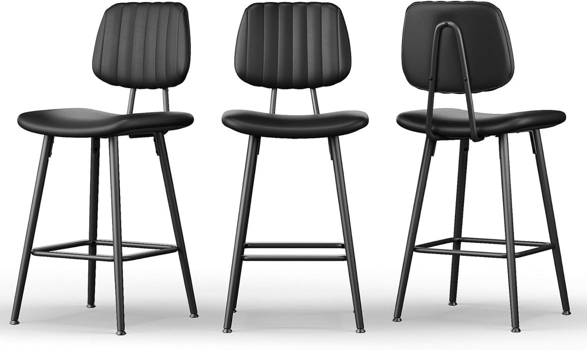 Bar Stools Set of 2, 24.6 Inch Counter Height Barstools, High Backrest Faux Leather Upholstered Counter Stools with Armless Footrest Modern Bar Chairs Tall Pub Stools for Kitchen Dining,Black