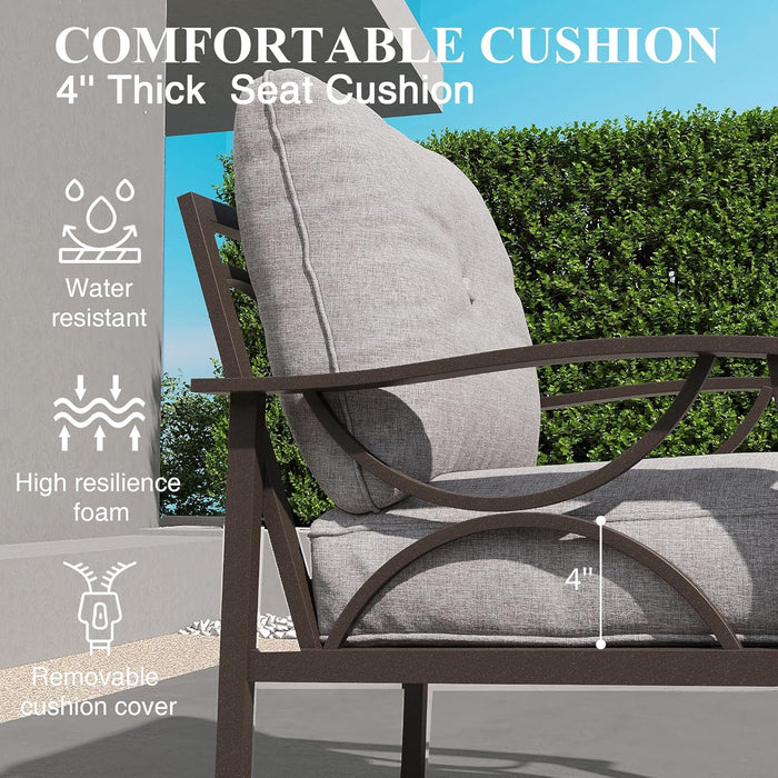Patio 3 Seats Sofa, All-Weather Outdoor Couch, Patio Furniture Sofa,Khaki Metal Furniture with Gray Cushions