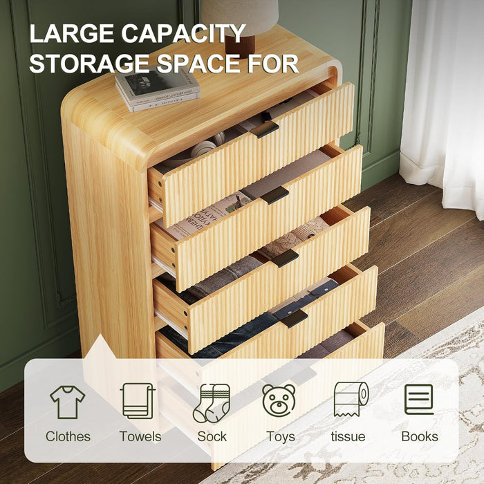 Fluted 5 Drawers Dresser for Bedroom, 48" Tall Wooden Modern Dresser with Metal Handle, Curved Profile Design, Storage Organizer for Bedroom, Hallway (Natural Oak)
