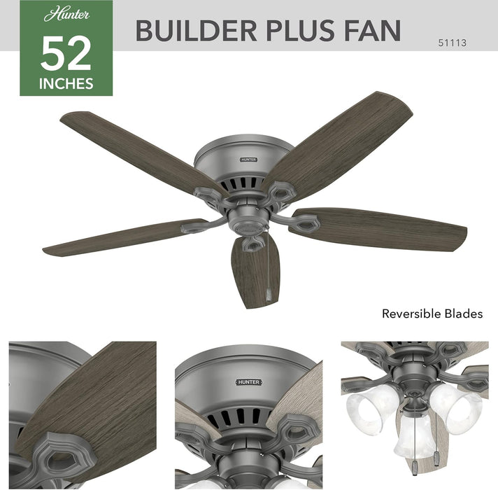 52 Inch Indoor Ceiling Fan with LED Lights - Ceiling Fan with Pull Chain, for Bedroom, Living Room, or Kitchen, Low Profile Mount, No Remote, 5 Blades - Builder 51113, Matte Silver