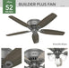 52 Inch Indoor Ceiling Fan with LED Lights - Ceiling Fan with Pull Chain, for Bedroom, Living Room, or Kitchen, Low Profile Mount, No Remote, 5 Blades - Builder 51113, Matte Silver