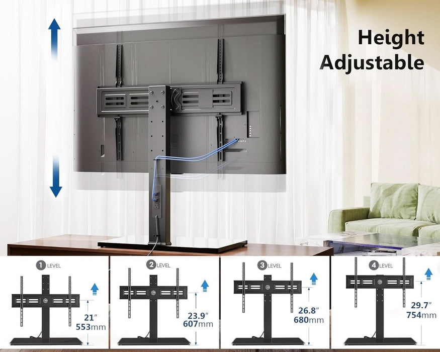 Universal TV Stand with Power Outlets for 50-85 Inch Tvs, Swivel&Height Adjustable Tall TV Stand for Bedroom Living Room, 27.5''Large Tempered Glass Base Holds up to 110 Lbs.