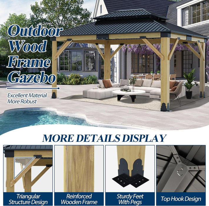 13FT X 15FT Outdoor Wooden Gazebo - Patio Wood Frame Gazebo with Galvanized Steel Hardtop, Heavy-Duty Hardtop Gazebos for Garden, Poolside, Deck, Backyard