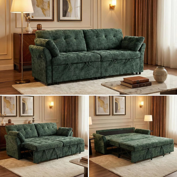 3 in 1 Sleeper Sofa Bed Reclining Convertible Couch with USB & Wheels – Adjustable Lounge Chair for Living Room Apartment 3-Seater 89.8 Inch in Green