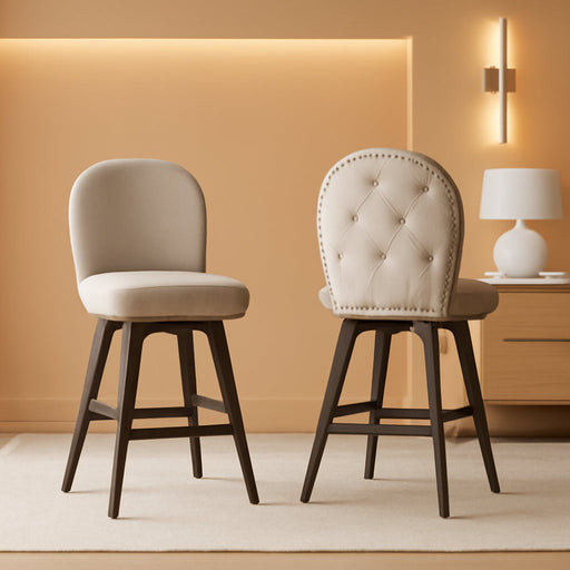 Bar Stools Set of 2, Swivel Counter Height Bar Stools with Back and Wood Legs, Chenille Fabric Upholstered Barstools, 26.2-Inch Tall Counter Barstools for Kitchen Island, Cappuccino Beige