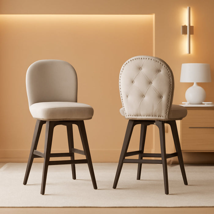 Bar Stools Set of 2, Swivel Counter Height Bar Stools with Back and Wood Legs, Chenille Fabric Upholstered Barstools, 26.2-Inch Tall Counter Barstools for Kitchen Island, Cappuccino Beige