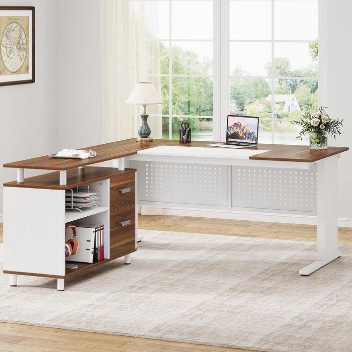 63 Inch Executive Desk with File Cabinet, L Shaped Office Desk with Drawers and Storage Shelves, Business Furniture Set Workstation for Home Office, White and Walnut