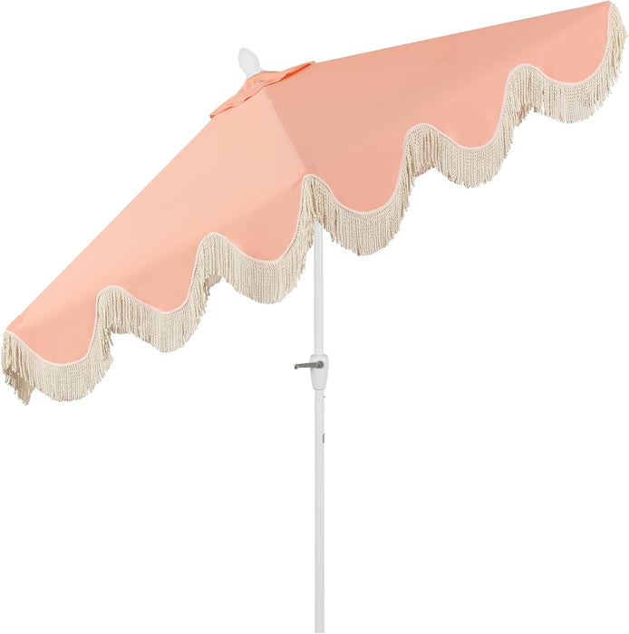 UMB1001 Collins 9 Ft. Classic Cottage Tassel Market Patio Umbrella with Auto-Tilt, Crank, Wind Vent and UV Protection