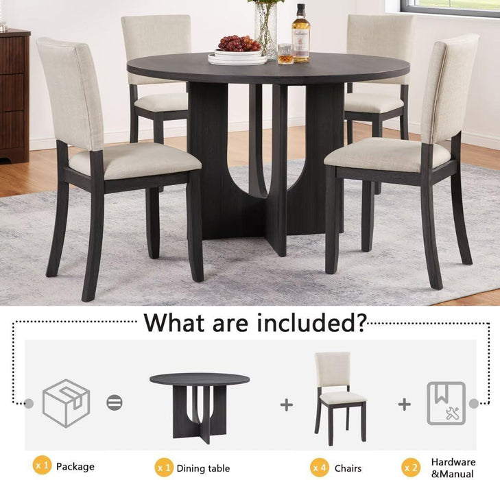 47.3" round Dining Set with 4 Upholstered Dining Chairs, Modern Dining Table Set for 4, 5-Piece round Dining Table Set for Living Room, Kitchen, Antique Black & Beige