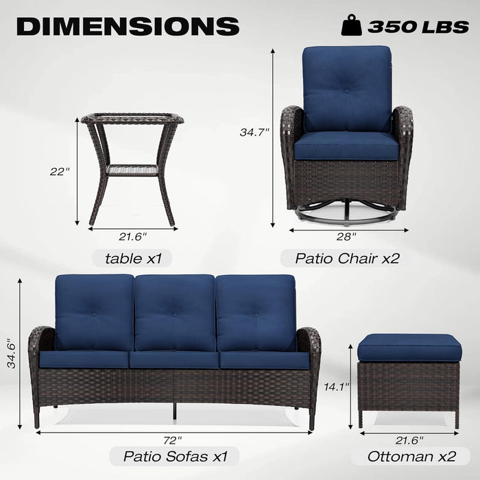 6 Piece Patio Furniture Set, Outdoor Wicker Conversation Sets with Swivel Rocker Chairs and Sofa, Thick Cushion, Rattan Patio Sectional for Porch, Deck Use (Brown/Blue, 6 PCS)