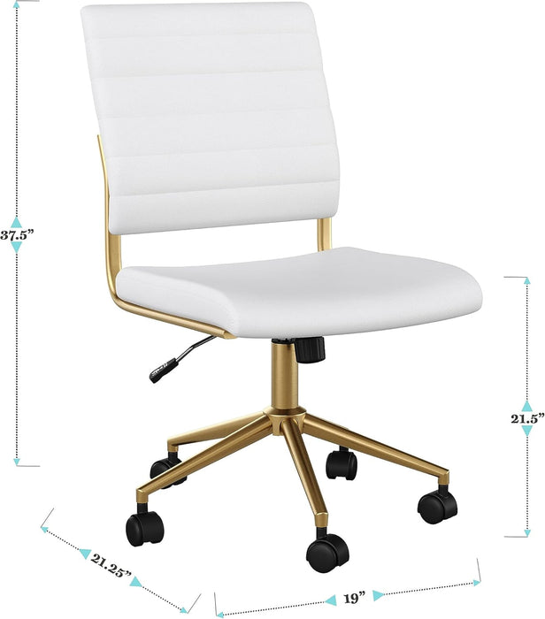 Ivy Armless Swivel Task Chair for Home Office in White Faux Leather with Polished Brass Frame