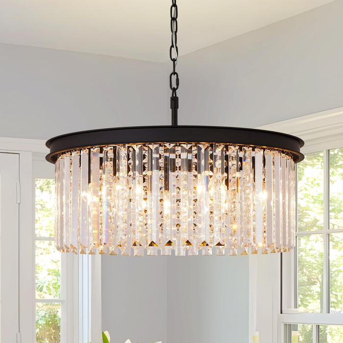 Modern Black Crystal Chandelier, 20" Small Pendant Lighting Fixture | Contemporary Ceiling Lights Fixtures Mini Chandelier 8 Lights for Dining Room Living Room Kitchen Hallway