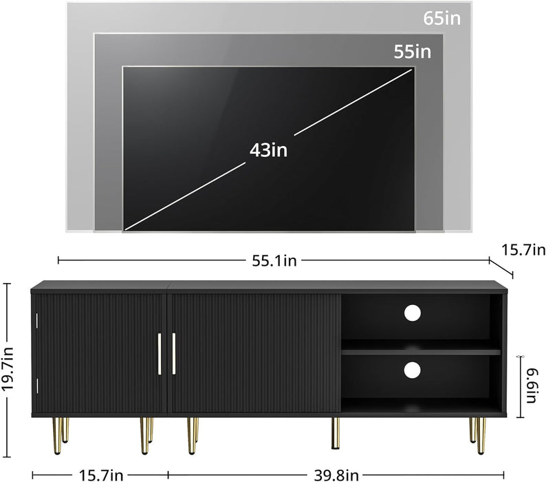 Modern TV Stand for 55/60/65 Inch TV, Small Entertainment Center with Adjustable Shelf, Gold Legs for Living Room, Bedroom, Black