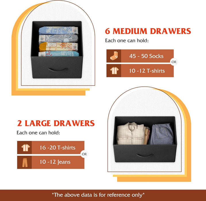 8 Drawer Dresser for Bedroom, Fabric Black Dresser with Large Storage Drawer Unit for Entryway, Chest of Drawers for Living Room