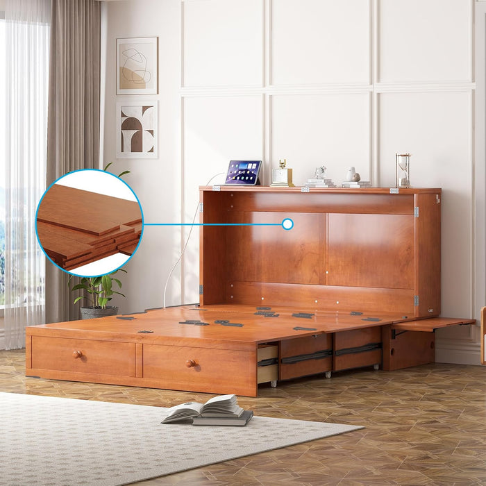 Cherry Solid Wood Murphy Bed CabinetWithUSBPort Queen